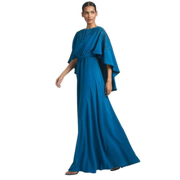 Sachin & Babi Size 12 NEW Moroccan Blue Crepe Embroidered Wren Cape Maxi Gown - Picture 2 of 10